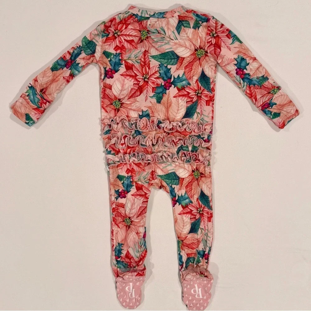 Posh Peanut Footie Girls 0-3M Ruffled Zippered Christmas Bamboo Pink Poinsettias